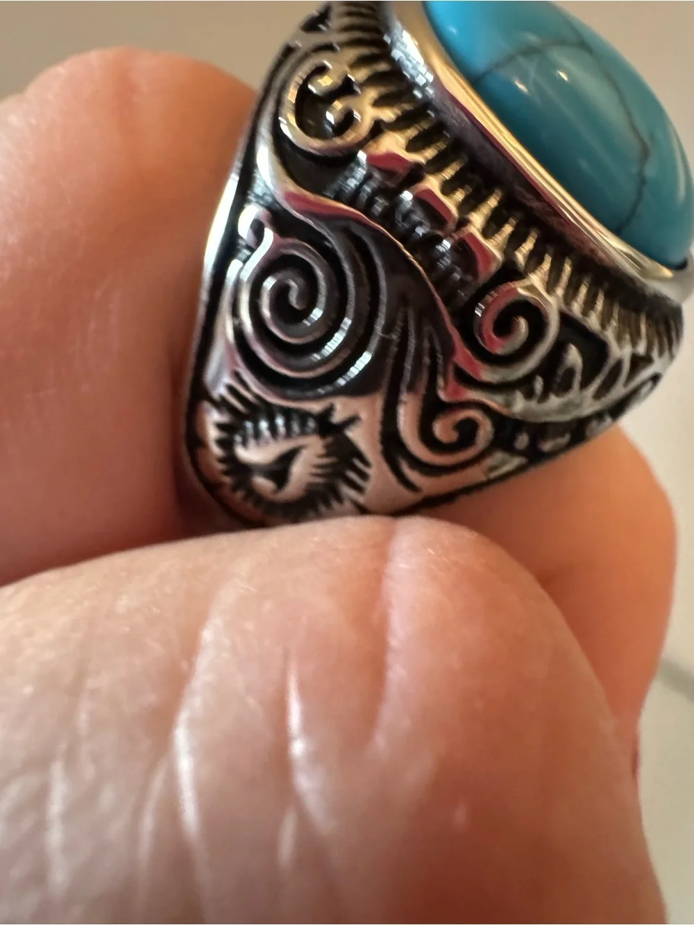 Western Turquoise Statement Ring Size 11 Silver Tone Engraved Oval Cabochon